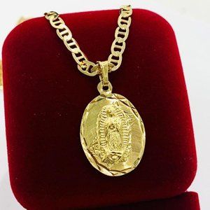 14K Yellow Gold F Virgen de Guadalupe Neckalace Charm 24" for Mens Mariner Chain